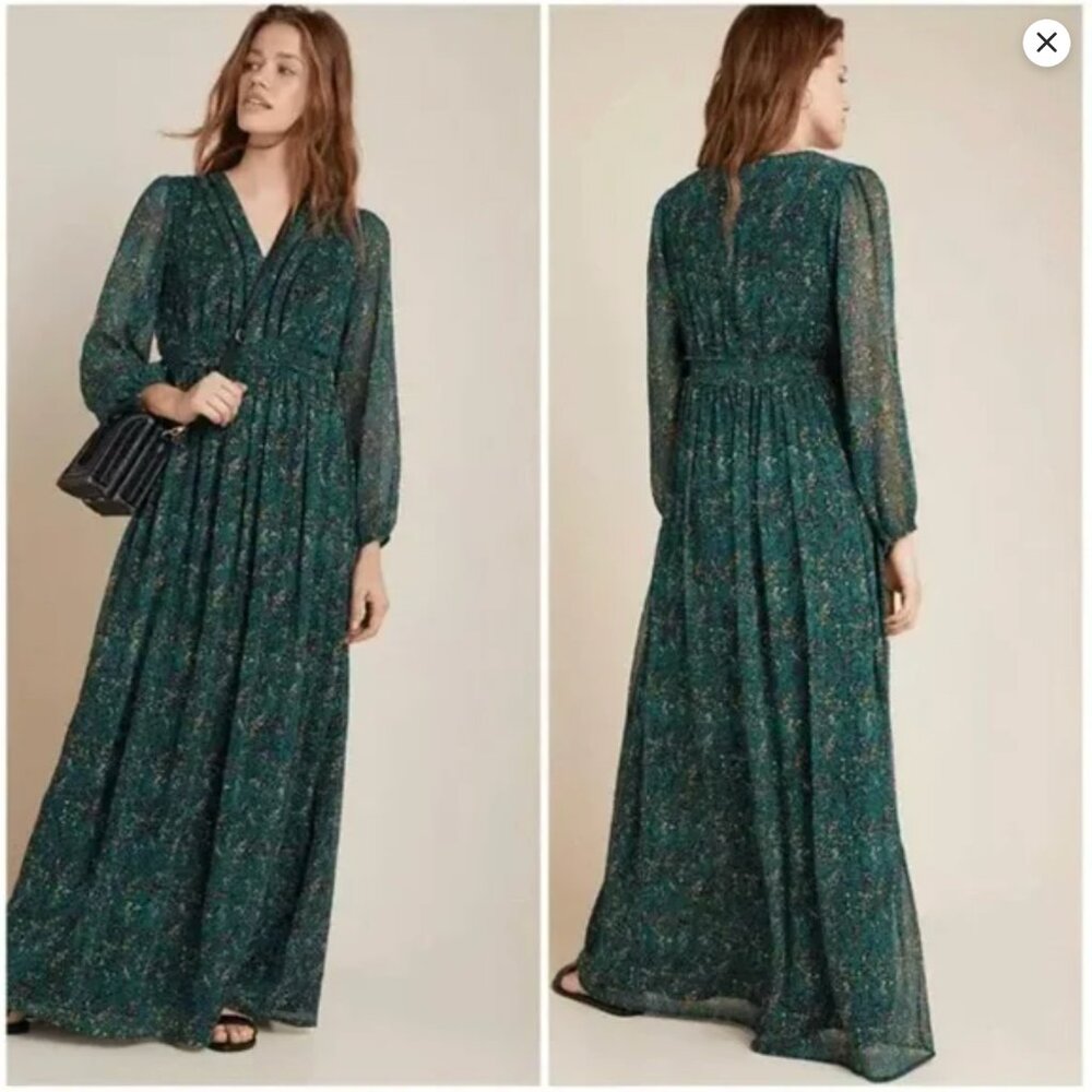 Anthropologie Teal Green Printed Maxi Dress